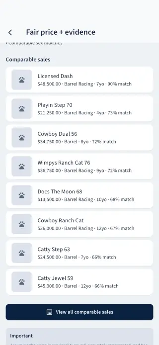 Comparable auction sales in HorseKBB Pro