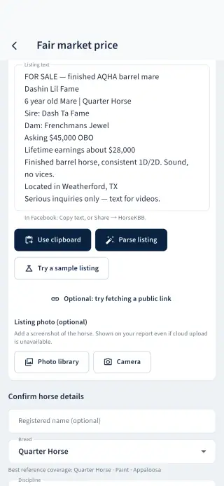 Paste a listing into HorseKBB